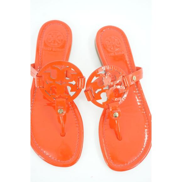 New Tory Burch Miller Poppy Red Patent Thong Sandals SZ 7.5 $275 Logo - Picture 9 of 11